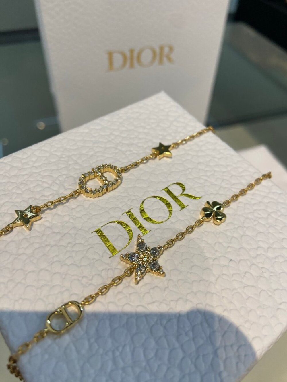 Dior Gold-Tone Crystal CD & Star Charm Bracelet Set of 2